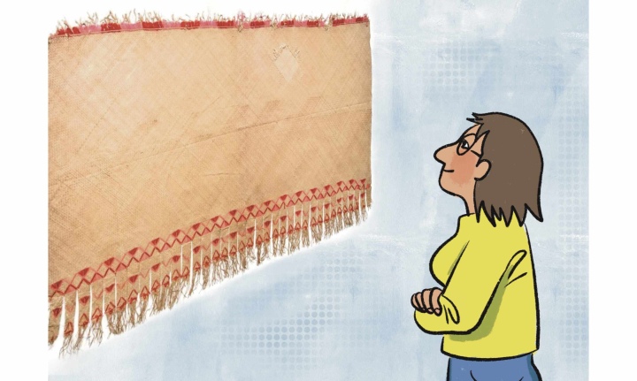 Illustration of a person standing in front of a woven textile with red stripe