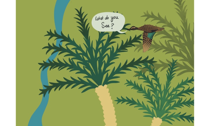 Illustration of a tree with a duck flying over it saying "Do you see it?"