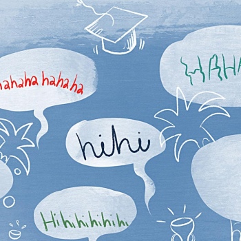 Illustration of several speech bubbles and graduation caps.