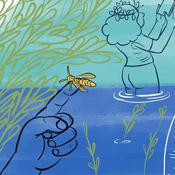 Illustration of an insect on a finger, people doing examination in a river in the background